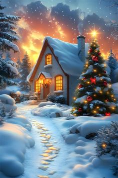 a christmas scene with a house in the snow and a lit tree on the other side