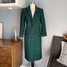 Vintage 60’s Lilli Ann Tweed Jacket & Skirt Suit Green Black Size S/M Jacket: Chest: 36” Waist: 34” Length: 24” Sleeve: 21 1/2” Skirt: Waist: 24”-26” Hip: 37” Length: 26” Condition: Great. No Stains, Rips Or Holes. Formal Tweed Fitted Skirt Suit, Tailored Tweed Skirt Suit For Office, Spring Fitted Wool Tweed Dress, Spring Wool Tweed Fitted Dress, Spring Wool Tweed Dress Fitted, Office Tweed Tailored Skirt Suit, Spring Wool Tweed Dress, Formal Fitted Wool Tweed Dress, Fitted Tweed Skirt Suit With Long Sleeves