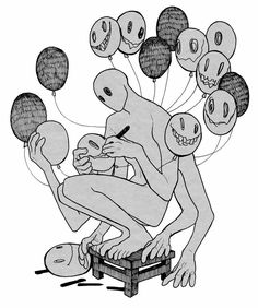 a drawing of an alien sitting on a stool with balloons in the air above him