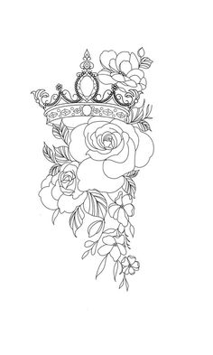 a black and white drawing of flowers with a crown on top