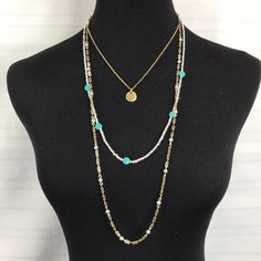 Three Chains Layered In Gold, Silver And Turquoise Colored Stones. Lucky Brand Transcendent Dreams Layered Necklace. Brand New With Tags, Store Overstock. Elegant Turquoise Layered Necklace, Elegant Beaded Turquoise Layered Necklace, Elegant Turquoise Layered Necklace As Gift, Elegant Turquoise Layered Necklace Gift, Elegant Turquoise Layered Necklace For Gift, Blue Long Necklace For Layering, Elegant Turquoise Beaded Layered Necklace, Blue Long Layering Necklace, Elegant Blue Beaded Layered Necklace