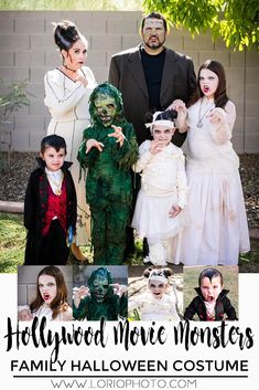 a family dressed up in halloween costumes and posing for the camera with text overlay that reads, hollywood movie monsters family halloween costume