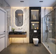 a modern bathroom with marble walls and flooring