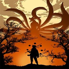 the silhouette of a person standing in front of an orange and black background with trees