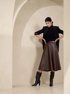 Brown Leather Skirt Outfit, Midi Leather Skirt, Vegan Leather Midi Skirt, Brown Leather Skirt, University Outfit, Vegan Leather Skirt