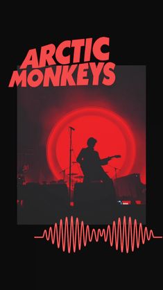 the arctic monkeys concert poster with an image of a man playing guitar in front of a red