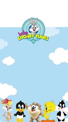 cartoon characters are standing in front of a blue sky with clouds and the words loonney tunes on it