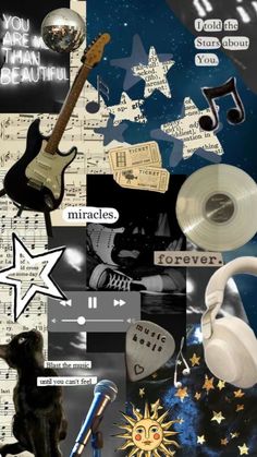 a collage of music related items including headphones, musical notes and a cat