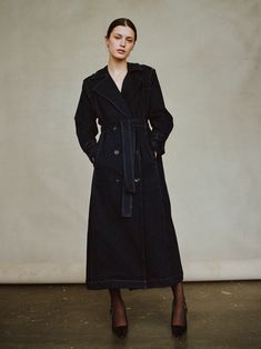 Trench Coat | Cromer Denim Outerwear With Belt Loops For Work, Classic Washed Black Outerwear For Work, Deep Sea Trench, Dark Blue Trench Coat, Crombie Coat, Denim Trench Coat, Trench Coat Dress, Fall Flannel, Swim Pants