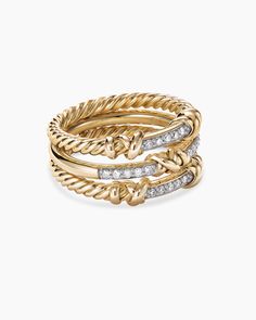 David Yurman | Petite Helena Wrap Three Row Ring in 18K Yellow Gold with Diamonds, 12mm David Yurman Ring Stack, David Yurman Wedding Band, David Yurman Ring, Cable Bracelets, Braided Ring, Women's Rings, David Yurman Jewelry, Ring Stack, Classy Jewelry