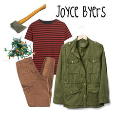 there is a green jacket, brown pants and a red striped t - shirt with the words joyce byers on it