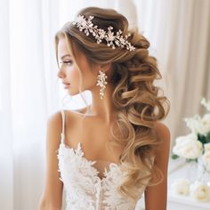 a woman with long hair wearing a wedding dress