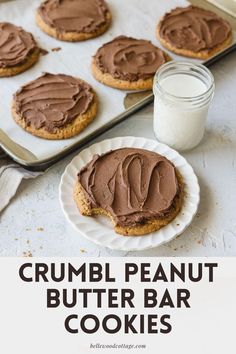 a cookie with chocolate frosting on it and the words crumbl peanut butter bar cookies