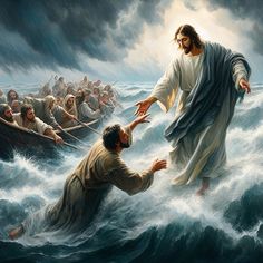 jesus walking on the water with his hands out to another man in a boat that is sinking