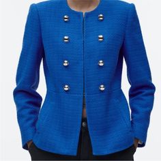 I’d Honestly Say This Is New Without Tags! No Signs Of Wear, Women’s Size Small Newer Piece From Just Last Year! Formal Blue Outerwear With Snap Buttons, Blue Double-breasted Outerwear With Button Cuffs, Blue Office Outerwear With Snap Buttons, Fitted Blue Outerwear With Covered Buttons, Blue Blazer With Snap Buttons For Office, Blue Double-breasted Outerwear With Snap Buttons, Blue Buttoned Outerwear For Office, Blue Outerwear With Buttons For Work, Blue Buttoned Outerwear For Work