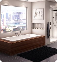 a bathroom with a bathtub, shower and rug in front of a large window