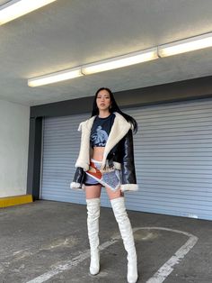 White Boots, Mode Inspo, Looks Chic, Parking Lot, Looks Style, Style Outfits, Fashion Killa, Thigh High, Black Jacket