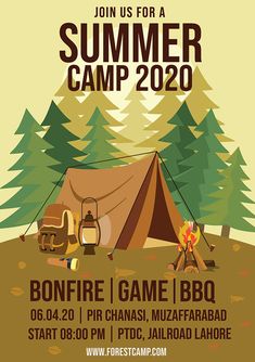 a poster for a camping camp with a tent and fire in the woods next to it