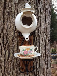 a bird feeder hanging from the side of a tree next to a cup and saucer