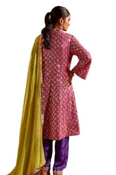 Rani pink kurta with sequin embroidery. Paired with a salwar and embroidered dupatta. - Aza Fashions Pink Traditional Wear With Mirror Work For Transitional Season, Transitional Pink Traditional Wear With Mirror Work, Transitional Pink Choli With Mirror Work, Pink Kurta With Mirror Work For Festivals, Festive Pink Sequin Kurta, Pink Sequined Straight Kurta Set, Pink Bohemian Unstitched Kurta, Pink Bohemian Mulmul Dupatta, Pink Resham Embroidery Semi-stitched Kurta