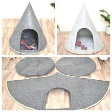 four different views of a cat house with the top open and bottom closed, one in grey