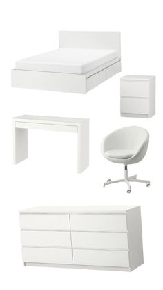 an assortment of white furniture including a bed, desk and chair