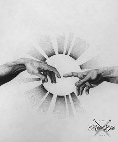 two hands reaching out towards each other with the sun shining behind them in black and white