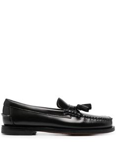 tassel-detail leather loafers from SEBAGO featuring black, calf leather, exposed-seam detailing, tassel detail, round toe, slip-on style, branded leather insole and flat leather sole. Leather Loafers, Calf Leather, Tassels, Loafers, Slip On, Leather, Black