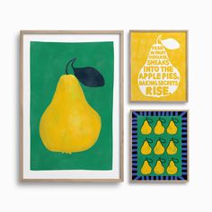 three framed art pieces with pears and lemons on them, one is yellow