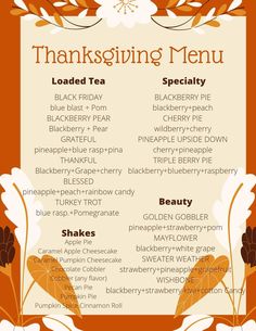 a thanksgiving menu with pumpkins, leaves and other things to eat for dinner or dessert