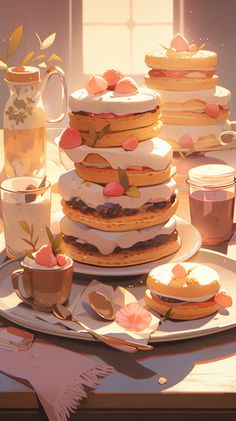 a table topped with lots of cakes and cups