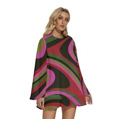 Step into the enchanting world of 70s Dress Style with our Bell Sleeve Dress, a captivating piece that encapsulates the spirit of the groovy era. This 60s 70s mini dress is a Boho Dress with a distinctive Bohemian touch, perfect for those seeking a Pink brown Hippie Dress that exudes both charm and style. The Multicolor Tent Dress features a groovy pattern print inspired by the psychedelic aesthetics of the 70s, creating a visually striking and unique look. This slip-on dress is designed for ease and comfort, complemented by bell sleeves that add a touch of vintage flair. The single button enclosure behind the neckline enhances the Bohemian feel of the dress. Crafted from chiffon and fully lined material, this Groovy 70s Style Dress ensures a luxurious feel and graceful movement. The 100% Retro Long Sleeve Mini Dress For Party, Bohemian A-line Mini Dress For Party, Retro Mini Dress For Fall Party, Retro Multicolor Mini Dress For Spring, Mod Long Sleeve Mini Dress For Spring, Retro Green Mini Dress, Spring Retro Multicolor Mini Dress, Spring Multicolor Retro Mini Dress, Retro Pink A-line Mini Dress