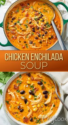 chicken enchilada soup with shredded chicken, black beans, and a mix of vegetables. Soup Dinner Recipes, Comforting Soup, Soup Crocks