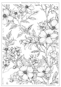 a black and white drawing of flowers with the words botanical coloring page on top of it