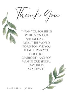 a thank card with leaves on it and the words thank you written in black ink