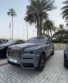 two rolls royces parked next to each other in front of palm trees