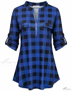 Elluis - Contemporary Casual Cardigan - Versatile Plaid Button-down Shirt with Zipper, 3/4 Sleeves, and Waist Tie Shirt With Zipper, Casual Cardigans, Style Cardigan, Blue Check, Fabric Names, Waist Tie, Types Of Collars, Stand Up, Button Downs