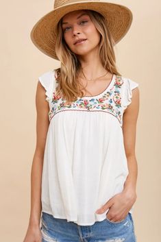 No Promises Embroidered Floral Top – LURE Boutique No Promises, Floral Embroidered Top, Warm Weather Outfits, Flowy Sleeves, Embroidered Clothes, Clothing Ideas, Flutter Sleeves, Embroidered Top, Floral Top