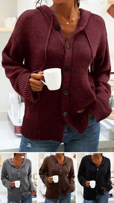 Fall trendy red kinitted cardigan outfits for women, knitted patchwork cardigans idea, get fresh new color red cardigan/ navy blue cardigan/ maroon cardigan/ crem cardigan/ green cardigan/ leopard cardigan outfits. Hooded Cardigan Outfit