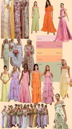 many different types of dresses are shown in this image, including one with flowers on it