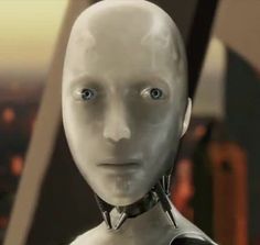 a white robot with blue eyes standing in front of a city