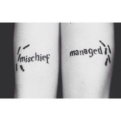 two people with matching tattoos on their arms that say mischef, managed and manage