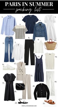 21 graphic clothing pieces for what to pack for Paris in summer Summer Outfits Classic Style, Elevated Casual Outfit Summer, Travel Clothing, Paris Packing List Summer, Paris Travel Tips Packing Lists, Packing For French Riviera Summer, Packing For Paris In September