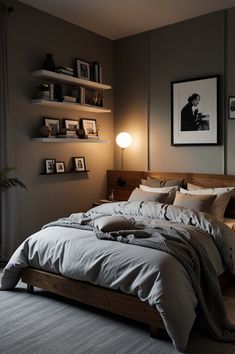 a bedroom with a large bed and shelves on the wall above it, along with a lamp