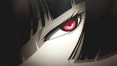 an anime character with red eyes staring at something in the distance, while it appears to be dark