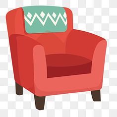 a red chair sitting on top of a white floor next to a green pillow, with an arrow pattern on the armrest