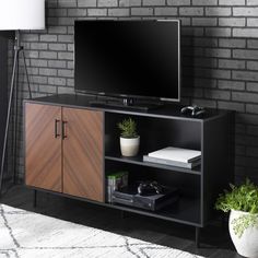 an entertainment center in front of a brick wall with a television on it and a plant next to it