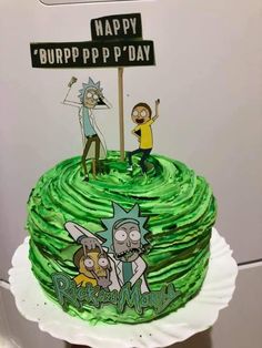 a birthday cake decorated with cartoon characters and a sign that says happy burpppp p'day