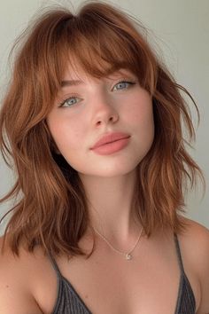 This medium-length hairdo showcases gentle waves and a touch of texture, lending dimension and movement. The wispy bangs delicately frame the face, helping to balance and complement round facial features. Its relaxed yet fashionable style makes it a versatile option for both casual and formal events. - Click to see more of 30 Stunning Medium-Length Haircuts to Flatter Round Faces and follow us for more hairstyle ideas. // Photo Credit: Instagram @ruivante Cute Round Face Haircuts, Wispy Fringe Round Face, Wispy Face Framing Bangs Round Face, Round Face Haircuts Long Bangs, Face Framing Bangs Round Face, Bangs Hairstyles Round Face, Round Face Wispy Bangs, Medium Hair With Wispy Bangs, Round Face Haircuts With Bangs