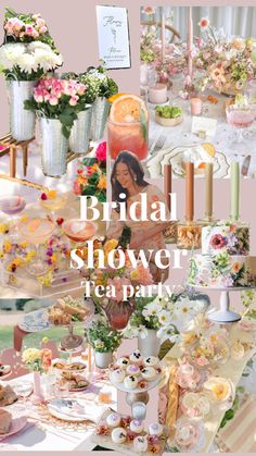 the bridal shower tea party is set up with flowers, candles and desserts